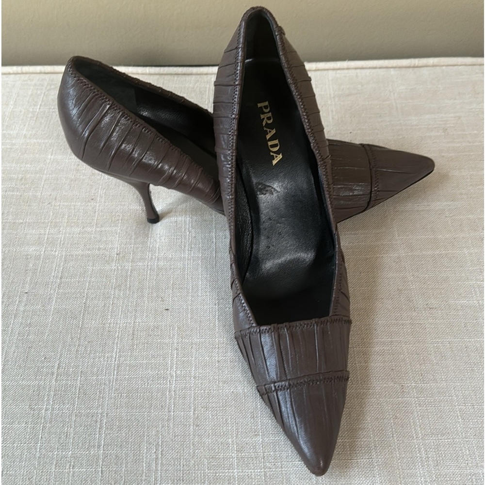 💯Authentic-Prada Pleated Vero Cuoio Pointed-Toe Pumps.Made in Italy.EU-39/US-9